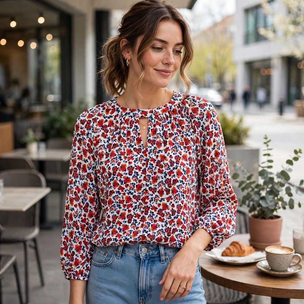 Vince Camuto Floral Keyhole Blouse Red Blue White Balloon Sleeve Small
